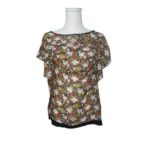 LIL Anthropologie Floral Silk Pleated Blouse Top 2 Short Sleeve Excellent